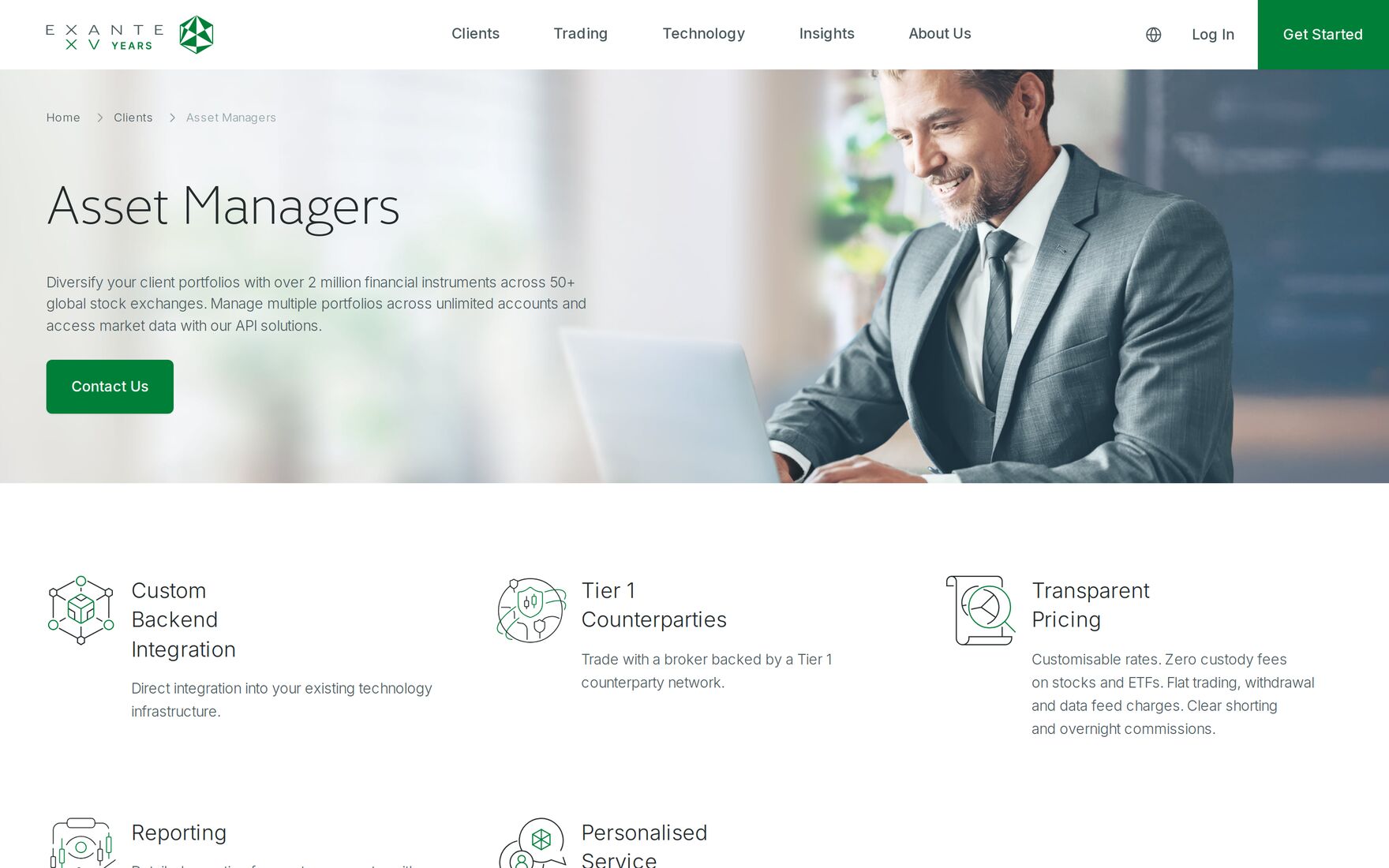 EXANTE asset managers page, headed Asset Managers, describing over 2 million instruments across 50+ exchanges and multiple portfolios across unlimited accounts.