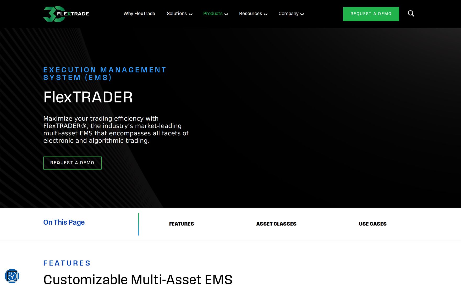 FlexTrade FlexTRADER page, headed Execution Management System, describing a customisable multi-asset EMS.