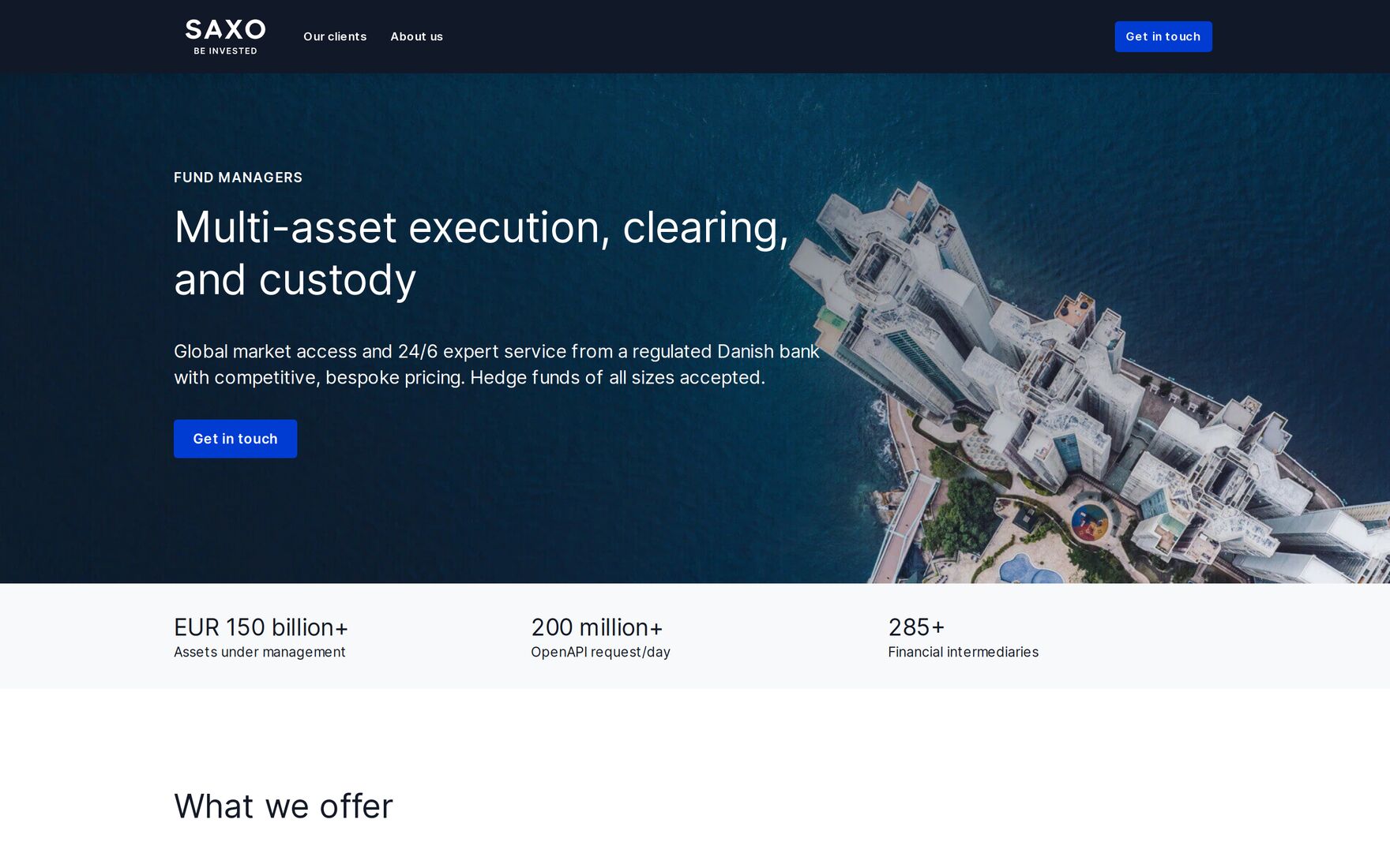 Saxo fund managers page, headed Multi-asset execution, clearing, and custody, from a regulated Danish bank.